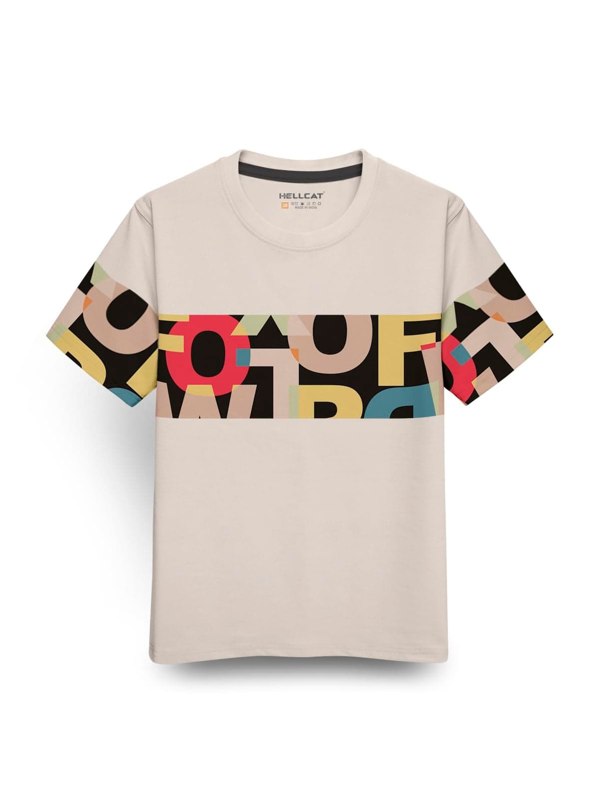 HELLCAT Boys Cotton Blend Regular Fit Trendy Front & Back Graphic Printed Half Sleeve Premium Round Neck TshirtBeige 15-16 Years