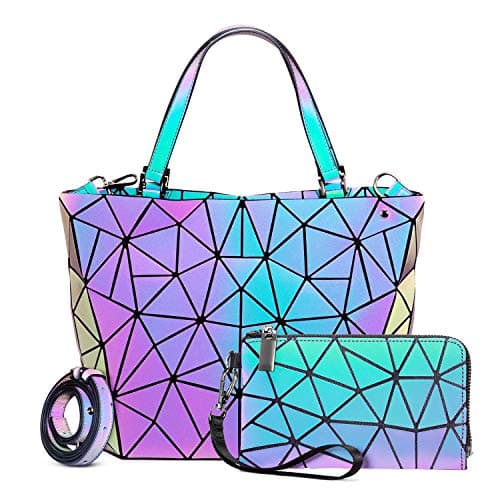 Geometric Luminous Purses and Handbags for Women Holographic Reflective Bag Wallet Clutch Set