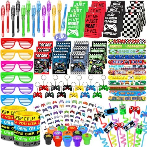 FINDRICH 120 PCS Video Game Party Favors Gamer Gaming Party Favors Glasses Invisible Ink Pens Notebooks Drinking Straws Stamps Tattoo Stickers Gift Bags for Game On Birthday Parties Favor Supplies