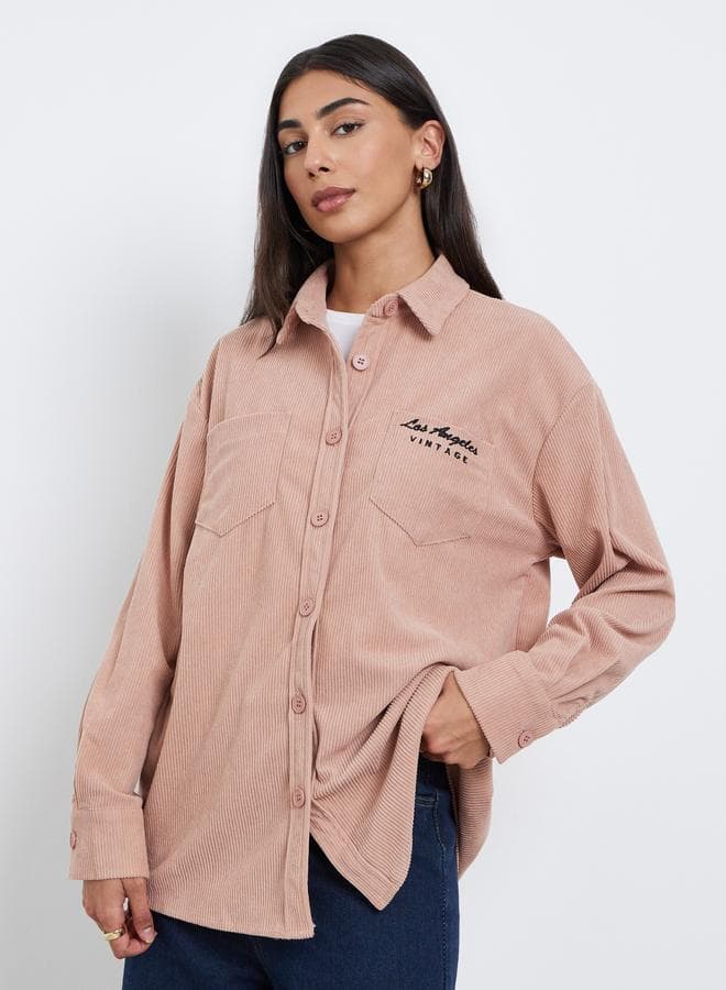 Oversized Longline Corduroy Shirt With Pockets