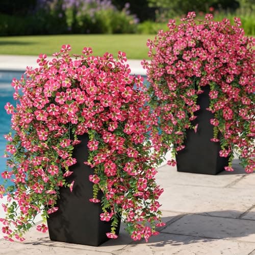 4 Bundles Artificial Hanging Morning Glory Flowers for Outdoor Realistic Hanging Flowers Silk Fake Morning Glory with Faux Eucalyptus for Yard Garden Porch Patio Balcony Home Decor Rose Red