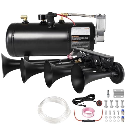 AOLIHAN Super Loud Train Horns Kit180dB Four Trumpet Truck Horns with 150 PSI Air Tank12V Air horn with 08 gallon Air Compressor Can for Truck JeepPickupSUV Black truck parallel horn kit