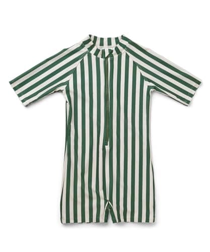 LDIOIF Toddler Boys One Piece Bathing Suit Zipper Short Sleeve Rash Guard Quick Dry Green Stripe Swimsuit 18-24 Month UPF 50+