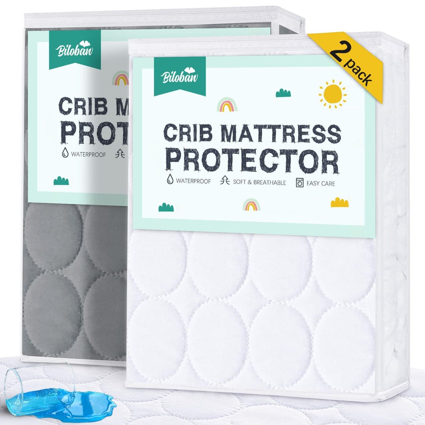 Biloban Crib Mattress Protector 2 Pack Waterproof Quilted Grey White Absorbent Ultra Soft Noiseless Durable