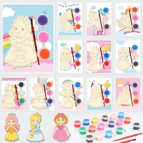 24Pcs Princess Party Favors Birthday Supplies DecorationsCards with Art Crafts Castle Fairies DIY Wooden Painting Craft Kits Thank You for Coming Gifts Bulk Goodie Bags Stuffers Prizes for Kids Girls