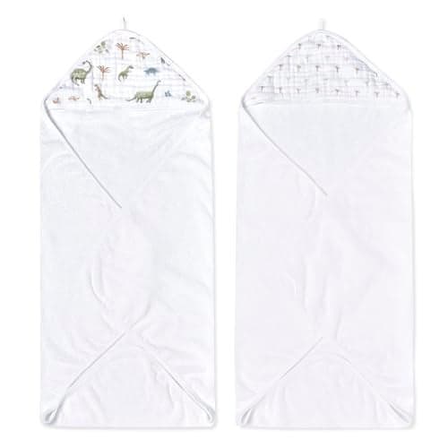 aden + anais Essentials Hooded Baby Bath Towel, Super Soft 100% Cotton, 2 Pack, Dino Jungle