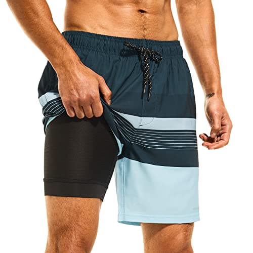 HODOSPORTS Mens Swimsuit Trunks 7" Quick-Dry Swim Shorts with Compression Liner and Zipper Pockets (Large,Stripe C)