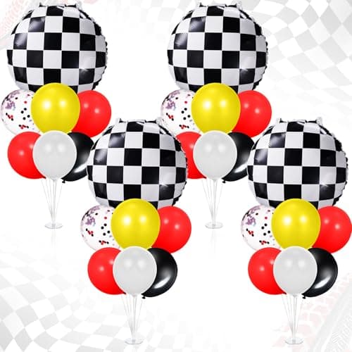 Charnoel 4 Sets Race Car Party Balloons Stand Kit Racing Car Table Centerpieces Decor with Black White Checkered and Red Yellow Black Balloons for Birthday Party Baby Shower Wedding Supplies