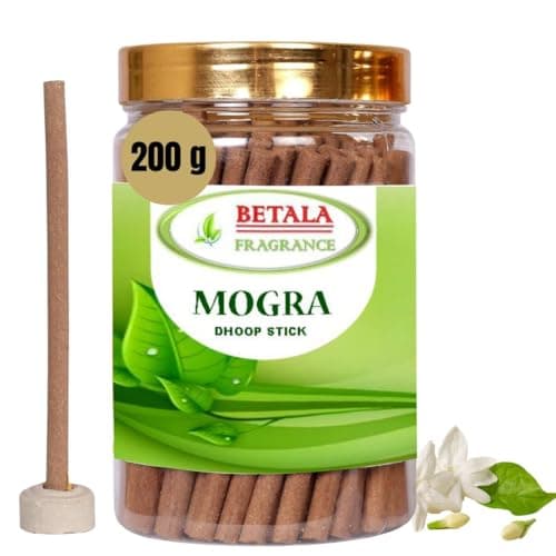Betala Fragrance Mogra Flavour Dhoop Sticks for Pooja, Pack of 200 Gm Dhup Batti with Holder, Agarbatti, Incense Stick, Sandal, Cones, Cup, Sambrani (200 Gm, Mogra)
