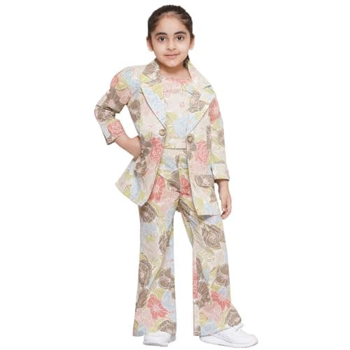 AJ DEZINES Kids Casual Wear Brown Color Printed Cotton Top Pant and Jacket Clothing Set for Girls (G-CO-2012-Brown-36)