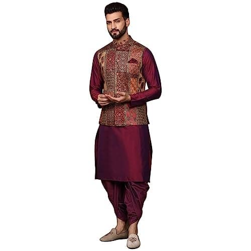 KISAH Men's Ethnic Wear Regular Fit Cotton Blend Printed Multi-Majenta Kurta Dhoti Pants and Jacket Set (XL)