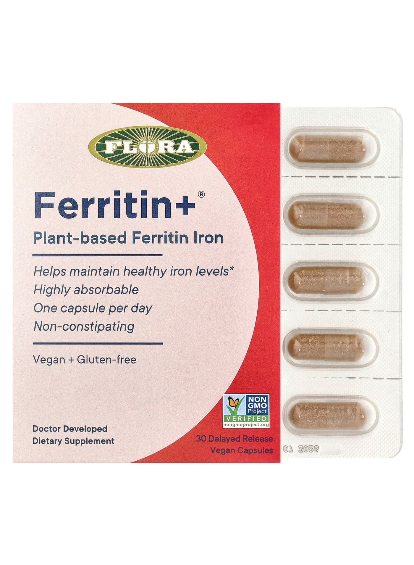 Ferritin+®, Plant-Based Ferritin Iron, 30 Delayed Release Vegan Capsules (20 mg per Capsule)
