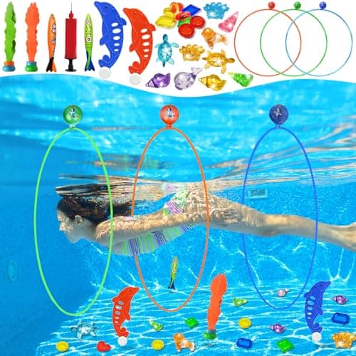 Jasonwell Pool Toys Diving Rings 28PCS Swim Thru Rings Pool Game Diving Toys with Dive Ring Underwater Treasures Torpedo Bandits Fish Toy Fun Water Swimming Toy for Boys Girls Kids Teens Adults