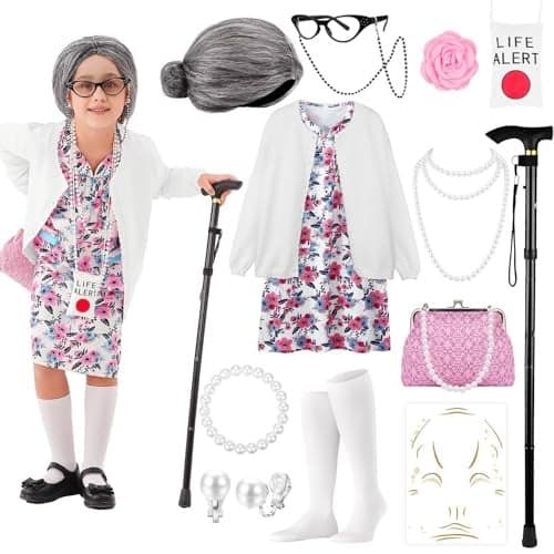 100 Days of School Old Lady Costume Set with Granny Dress Cardigan Old Lady Wig Glasses Grandma Dress Up Outfits 13Pcs White M 100dayCWhiteCamelliaM