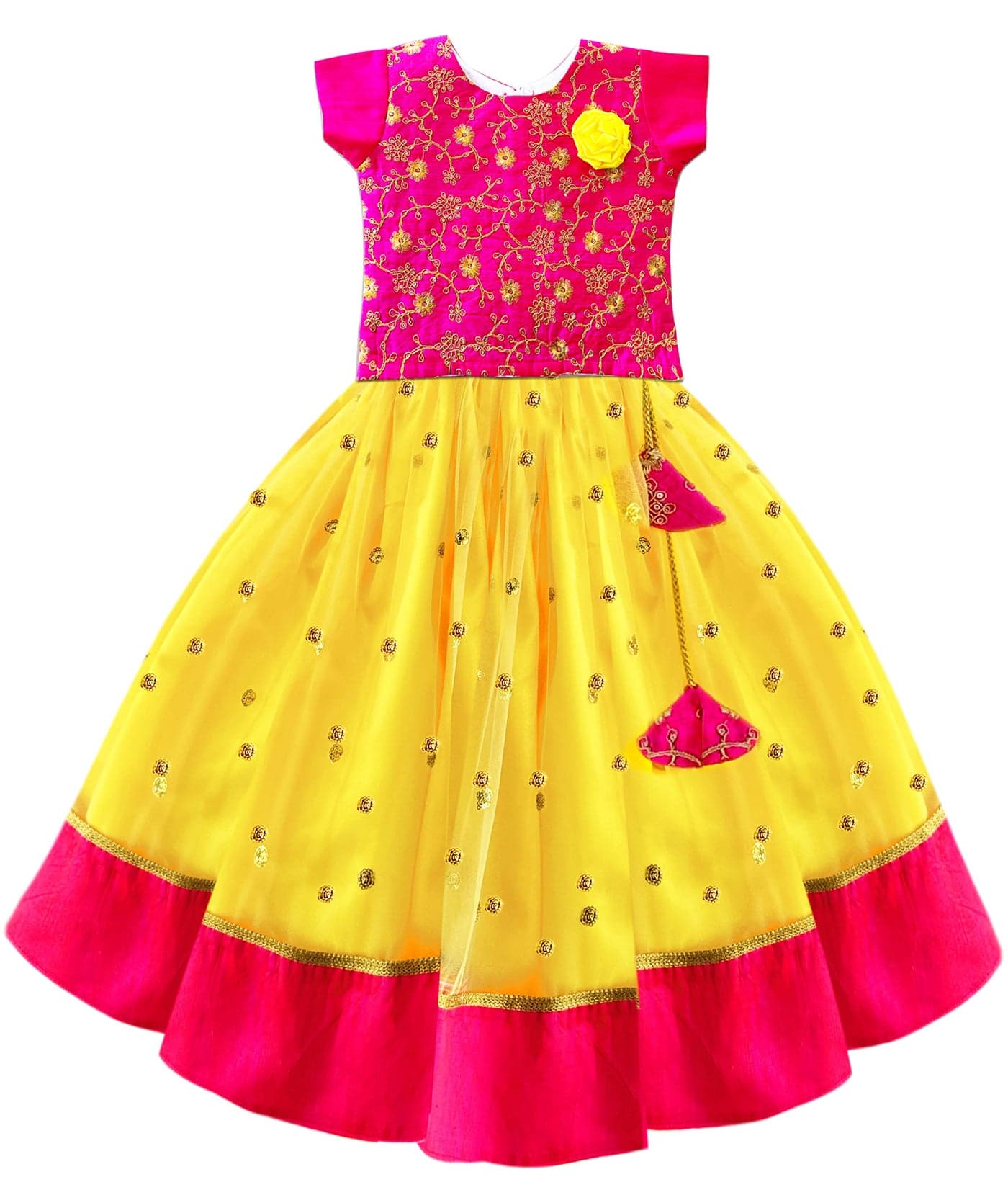 Stanwells Kids Girls Yellow & Pink Combo Lehenga Choli Set | Flared Readymade Dress with Sequins Embroidery | Traditional South Indian Outfit (1–2 Years)
