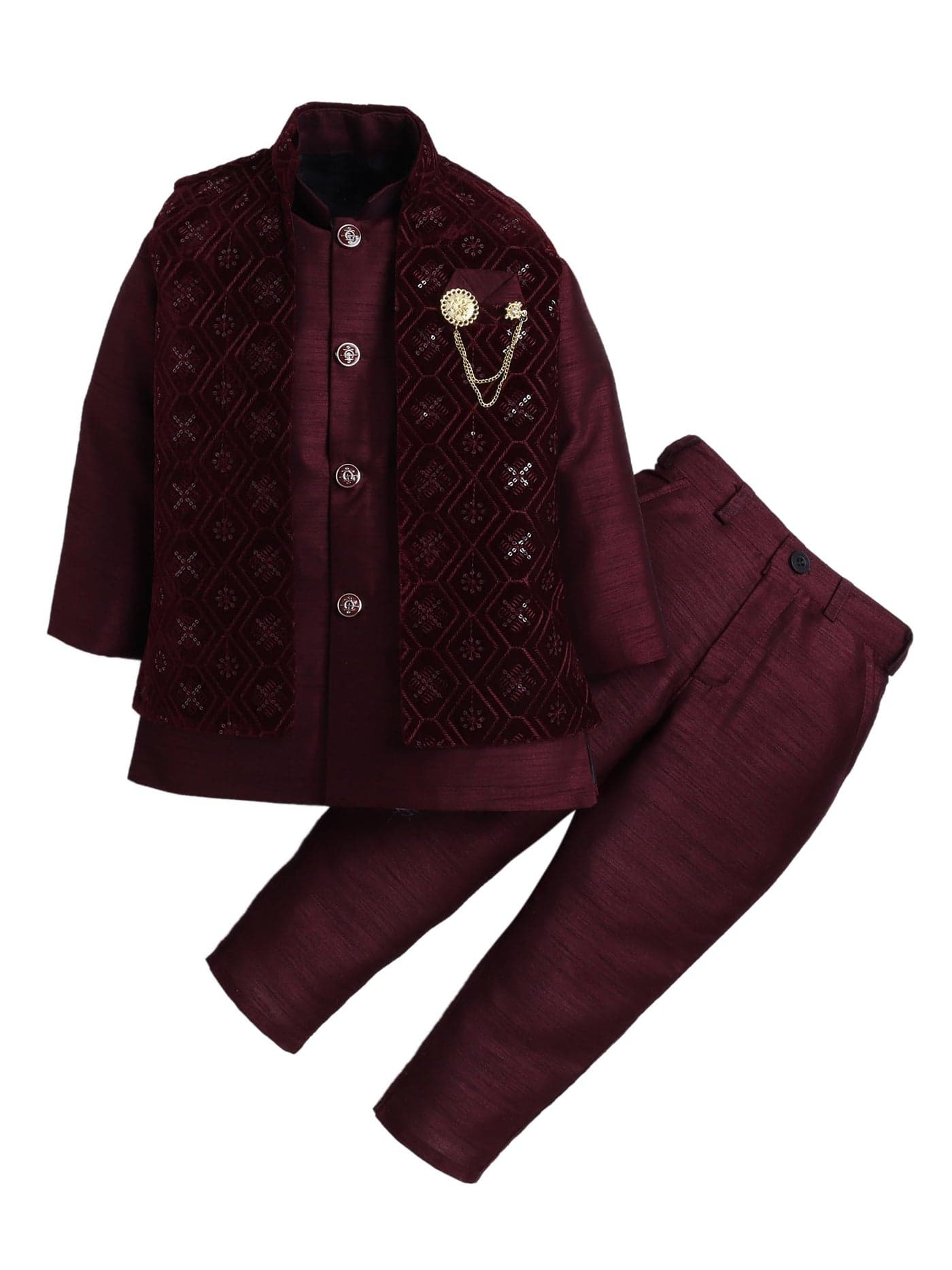 AHHAAAA Boy's Velvet 3-Piece Indo-Western Set|Kids Sequin Embellished Work, Velvet Sherwani Set|Ideal for any Festivals/Weddings Occasion|Wine, 6-7 Years|