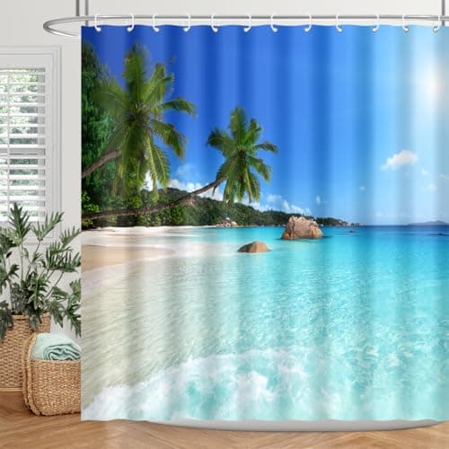 BIYSUC Ocean Beach Shower Curtain Blue Sky Tropical Sunshine Sand Sea Wave Plam Trees Beautiful Seaside Scene Fabric Waterproof Polyester Fabric Bathroom Decor 72x72 Inch with 12pcs Plastic Hooks