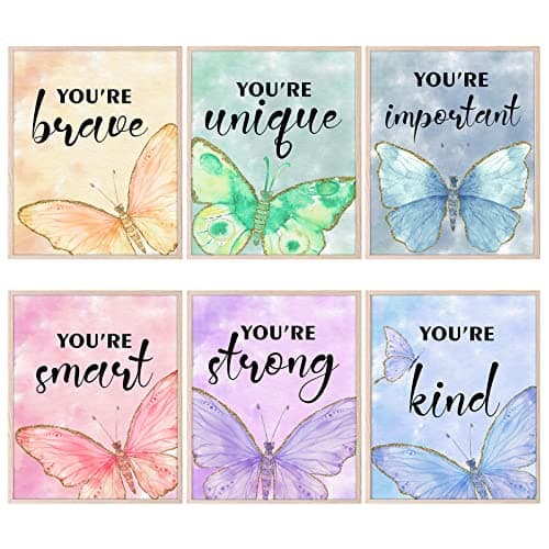 HOMANGA Wall Art Posters, Butterfly Wall Decor for Girls Room, 8X10 Inch, Unframed, Set of 6
