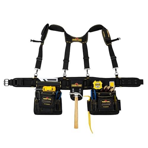 MagnoGrip 20-Pocket Builder’s Tool Rig with Magnetic Storage—Heavy-Duty 1680D Polyester Tool Belt with Padded Suspenders, Rivet Reinforced Stress Points, and Smartphone Holder, Fits Up to 52” Waist.