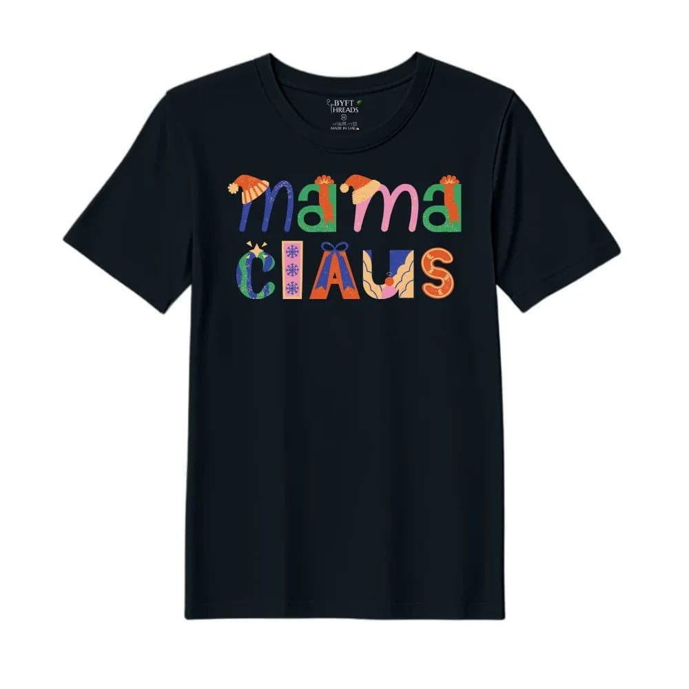 BYFT Threads Large Black Polycotton T-Shirt - Christmas "Mama Claus" Printed Design, Premium Holiday Collection