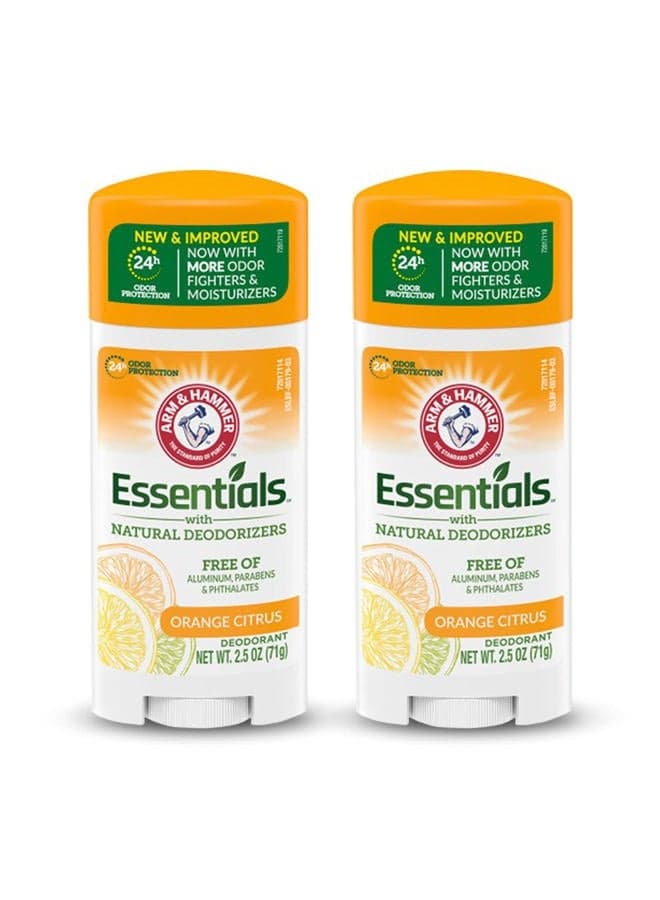 ARM & HAMMER Essentials Deodorant- Orange Citrus- Solid Oval - Made with Natural Deodorizers- Free From Aluminum, Parabens & Phthalates, 2.5 oz (Pack of 2)
