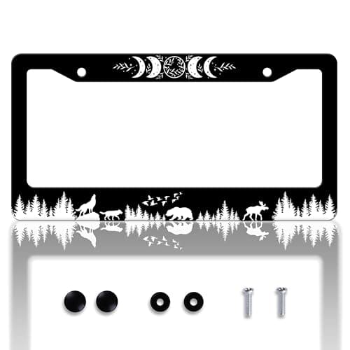 Moon Phases License Plate Frame Wolf Bear Deer License Plate Holder Personalise Stainless Steel Funny Design Compatible with Standard License Plate Frames for USA Canada 6 X 12 in 2 Holes with Screws
