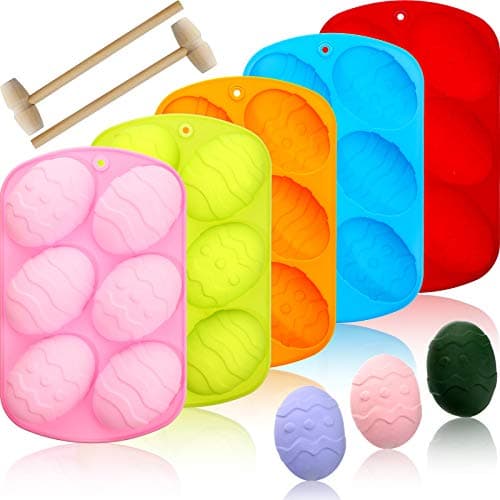 Patelai 5 Pieces Easter Egg Chocolate Candy Molds Easter Egg Shaped Silicone Cake Molds Silicone Trays with 2 Pieces Wooden Hammer for Candy Chocolate Handmade Soap and Ice Cube Hunt Games Supplies