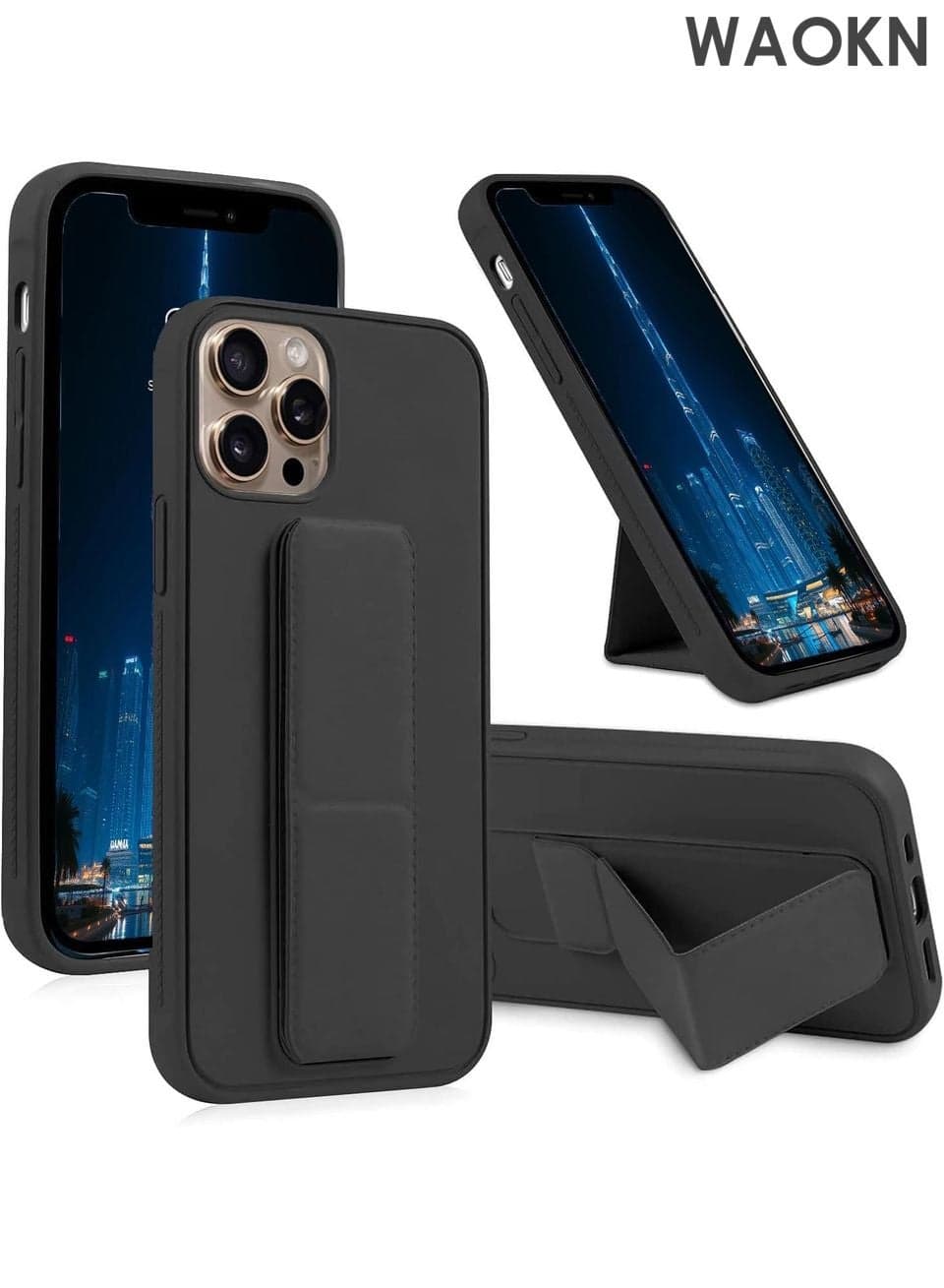 Case for iPhone 16 Pro Max Cover, Back Stand Case with Magnet Holder, Premium Silicone Vertical and Horizontal Hand Strap Grip Case with Stand, Shockproof cover case for iPhone 16 Pro Max(Black)