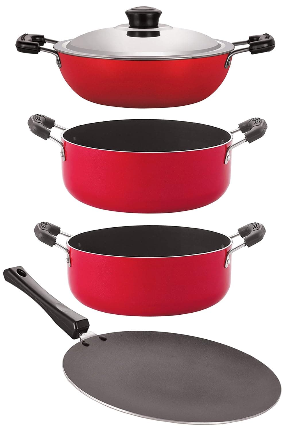 Nirlon Aluminium Non-Stick Kitchenware Kitchen Cooking Utencil Combo Gift Set (CT11_DKD(J)_CS22_CS24), Red & Black