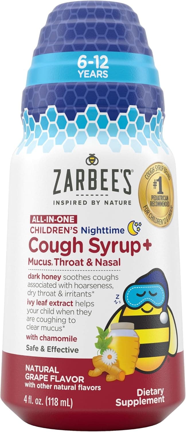 Zarbee's Children's Nighttime All-in-One Honey Cough Syrup + Mucus, Throat & Nasal for Kids 6-12 + Dark Honey, Ivy Leaf Extract, Zinc, Turmeric Root Extract, Drug-Free, Grape, 4 fl. oz