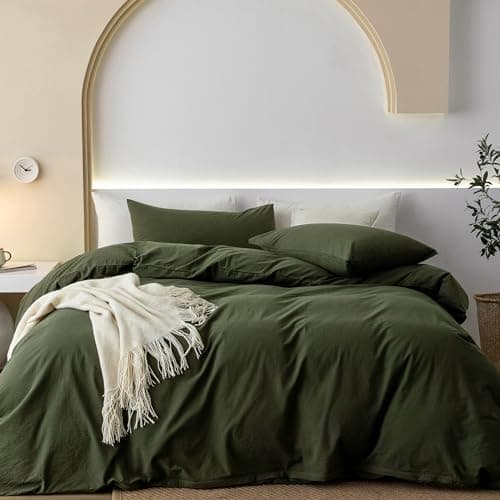 JIYUAN 100% Washed Cotton Duvet Cover Set 3 Pieces Queen, 1 Duvet Cover 90x90 Inches(Comforter Not Included) and 2 Pillowcases,Linen Feel Bedding Set Comfy and Breathable,Olive Green