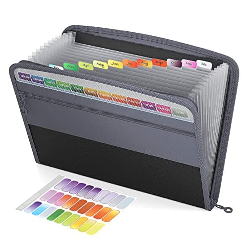 NISUN 13 Pocket Expanding File Folder with Sticky Labels, Letter/A4 Paper Accordion File, Document Organizer with Zipper Closure, Certificate File for School Home Office (Grey-Black, 34 * 3.5 * 27cm)