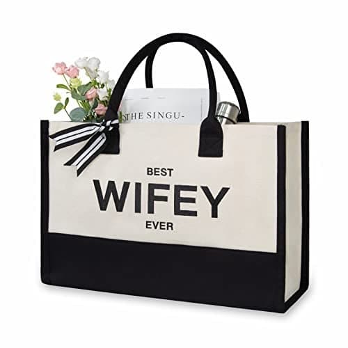 TOPDesign Embroidery Canvas Tote Bag for Women, Gifts for Wife from Husband, Personalized Anniversary Wife's Birthday or Valentine's Day Present, Ideal for Wedding, Beach, Holiday