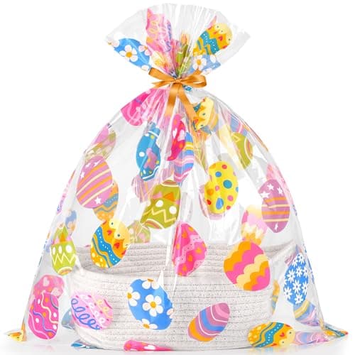 CUDICY Easter Basket with Cellophane Gift Bag and Ribbon Small Woven Basket 12X 8 X 5 for Organizing Toy Storage Gift Basket Wrap 20x24 Inch