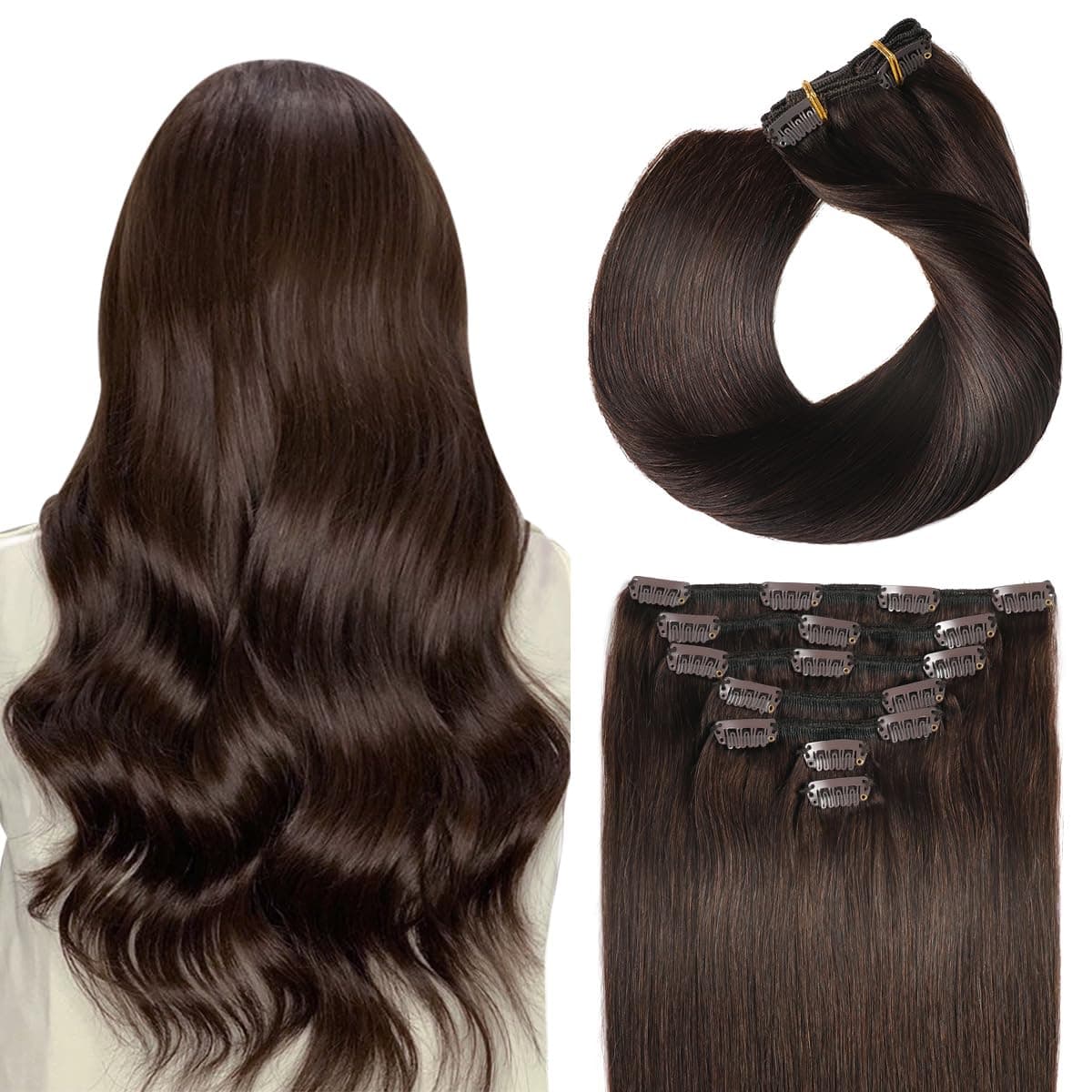 SUYYA Clip in Hair Extensions Real Human HairHair Extensions Clip ins Straight Human Hair Clip ins Double Weft Human Hair Clip in Extensions 7pcs 110g14 inches 2 Darkest Brown