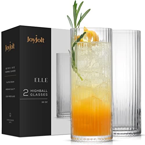 JoyJolt Elle 16oz Fluted Highball Glasses Set of 2, Ribbed Tall Cocktail Tumblers for Gin Juice Water, Vintage Style Drinking Glasses