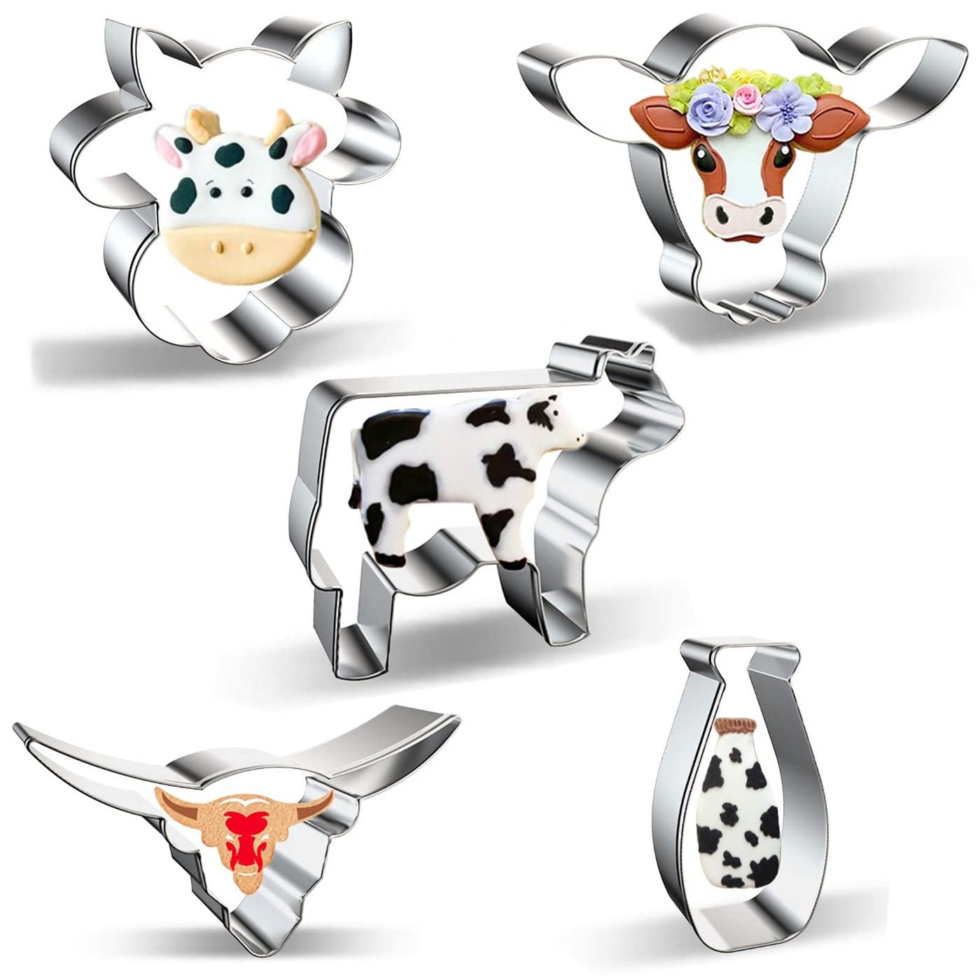 Cow Cookie Cutter Set 5 Piece Stainless Steel FarmFarmhouse Animal Cookie Cutters Shapes Milk Bottle Longhorn Bull Cow Head CowSteer Face Cutters Molds for Making Cookies Biscuit Fondant