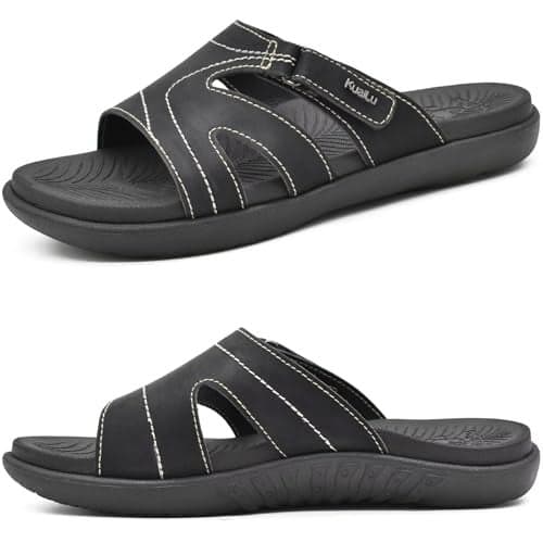 KuaiLu Womens Fashion Orthotic Slides Ladies Lightweight Athletic Yoga Mat Walking Sandals Slip On Thick Cushion Recovery Slippers Sandles Comfortable Plantar Fasciitis Arch Support Black Size 5