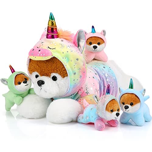 Skylety 5 Pcs Dog Stuffed Animal Puppy Stuffed Animal with Babies Inside 1 Big Mommy with 4 Mini Baby Cute Soft Toys for Children Birthday Party Adopt a Puppy Favors(Unicorn Puppies)