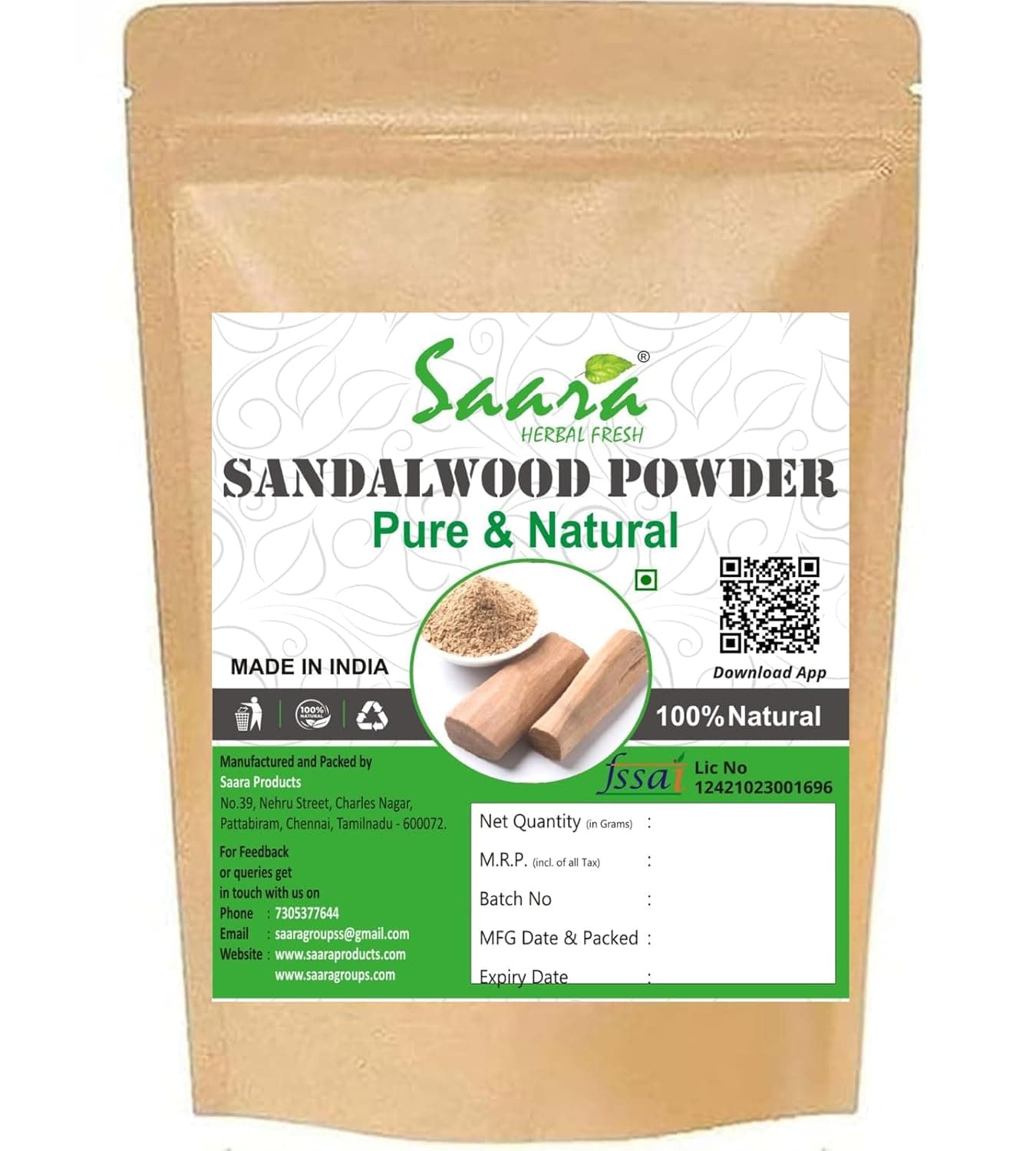 Saara HERBAL FRESH Sandalwood Powder 200grams Chandan Santalum Album Powder For Face Pack and Skin Care Pack of 2 X 100gm Brown Zipper Packaging