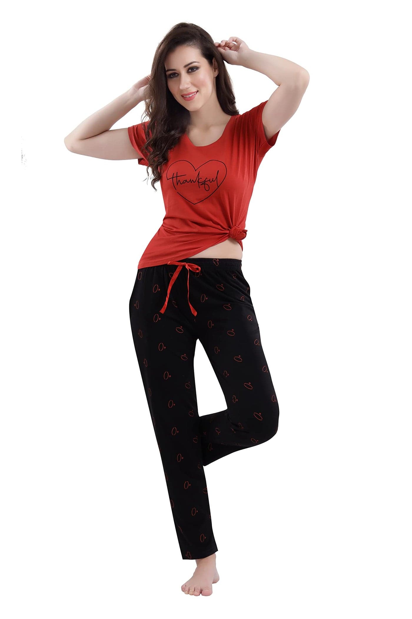 DZZO New Women's Cotton Printed Night Suit Pajama Set (DZ-NS-2038-PK_Red_Medium)