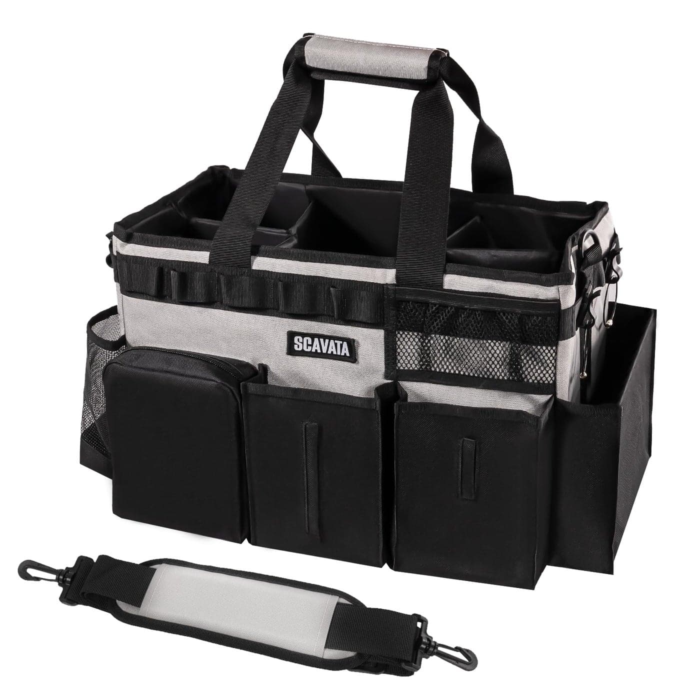 SCAVATA Wearable Cleaning Caddy Bag, Cleaning Caddy Supplies Organizer with Handle & Shoulder Straps for Housekeepers, Under Sink & Car Cleaning Tool Organizers with 4 Foldable Divider (Grey)