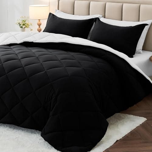 MUXHOMO 7 Pieces King Comforter Set, Reversible Bed in a Bag King Size, All Season Bedding Set with Comforter, Flat Sheet, Fitted Sheet, Pillowcases & Shams, Black & White