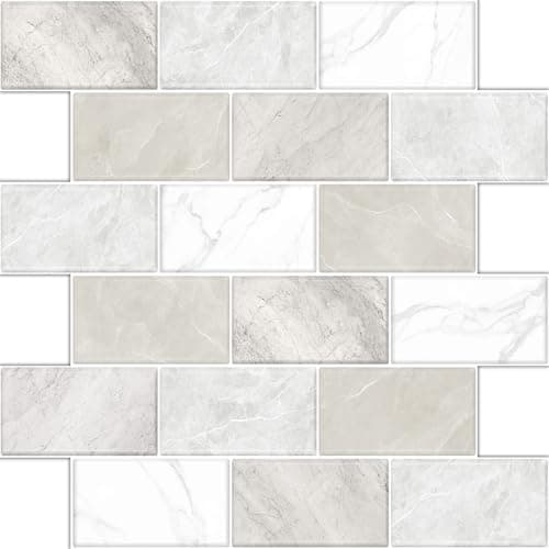 BSABSAQAA 10 Sheets Peel and Stick Backsplash for Kitchen 12"X12" Renter Friendly Backsplash Back Splash Adhesive Subway Wall for Bathroom Tile Sticker Off-White Marble (Not 3D Tile