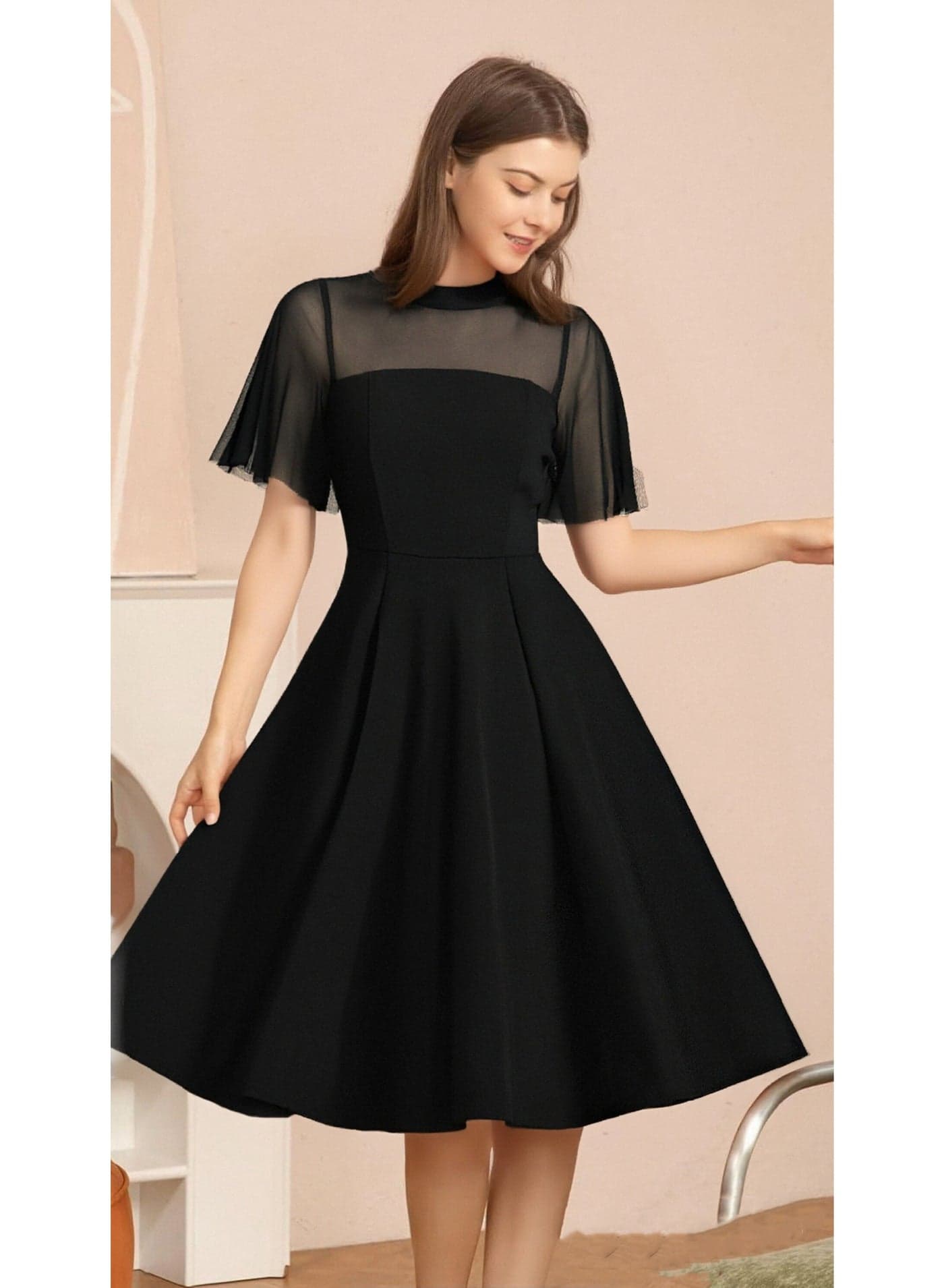 Women's Vintage Mesh Panel Dress | Flattering High-Waisted A-Line Midi Dress