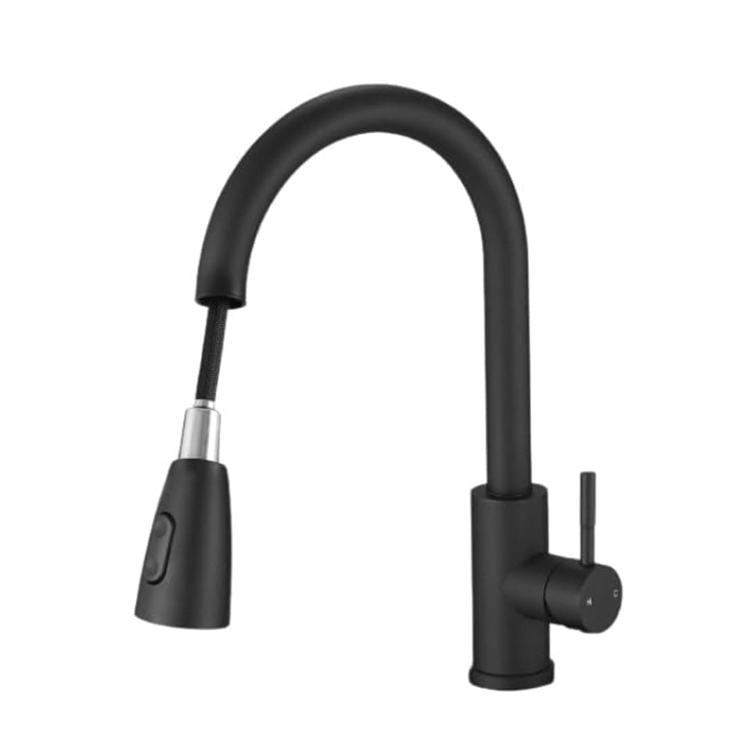 SHREESAMP Deck Mount Pull Out Faucet Black 360 Degree Easy Rotation and Kitchen Single Level Solid Brass Two Outlet Modes Single Hole Spray Mixer Tap Hot Cold Water Sink Faucet 46x25x65 CM