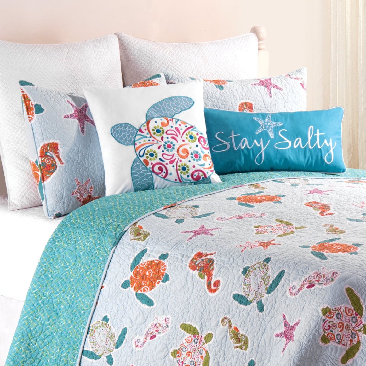 CF Home St Kitts FullQueen 3 Piece Quilt Set Summer Beach Ocean Coastal Sea Turtle Sea Horse Reversible Machine Washable Lightweight Bedspread Coverlet Bedding FullQueen 3 Piece Set Green