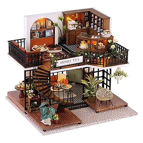 CUTEBEE Dollhouse Miniature with Furniture DIY Wooden Dollhouse Kit Plus Dust Proof Creative Room IdeaForest Tea Shop