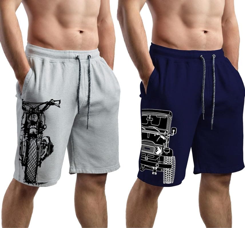 hotfits Men's Casual Cotton All Season Soft Feel Fabric Printed Regular Shorts,Workout Shorts, Elastic Waist Running Shorts with 2 Side Pockets - Pack of 2 - M