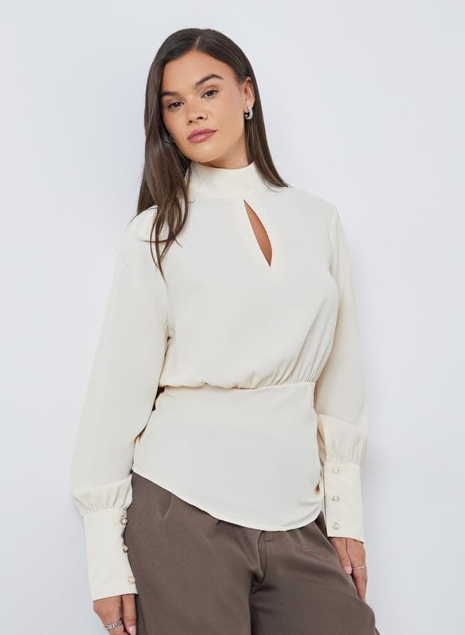 Styli Solid High Keyhole Neck Curved Hem Blouse